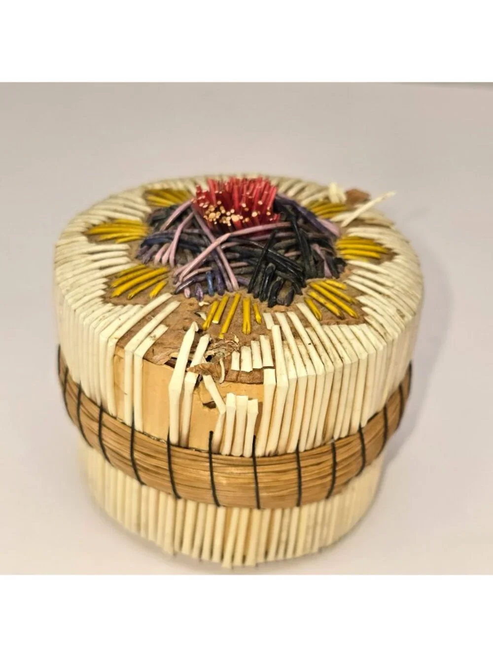 Vintage Native American Porcupine Quill Basket Handwoven Colorful BA213i
